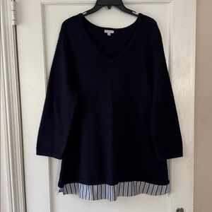 Talbots Crewneck Sweater with Faux Blouse Plus Size 2X Blue/White 100% Cotton